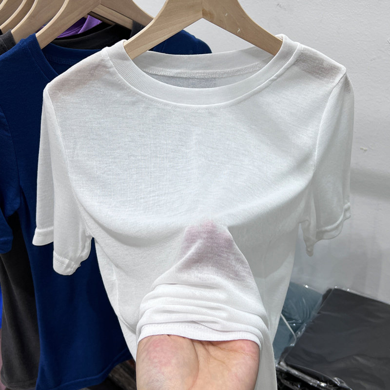 冰丝面膜短袖T恤女夏季修身显瘦T恤衫正肩圆领薄款微透棉质上衣