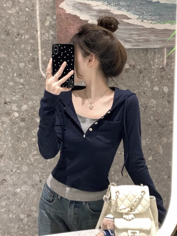 假两件连帽长袖t恤女2025早春款小个子修身显瘦内搭短款体恤上衣,女装/女士精品,T恤,淘宝优惠券,粉丝福利购,淘宝优惠卷