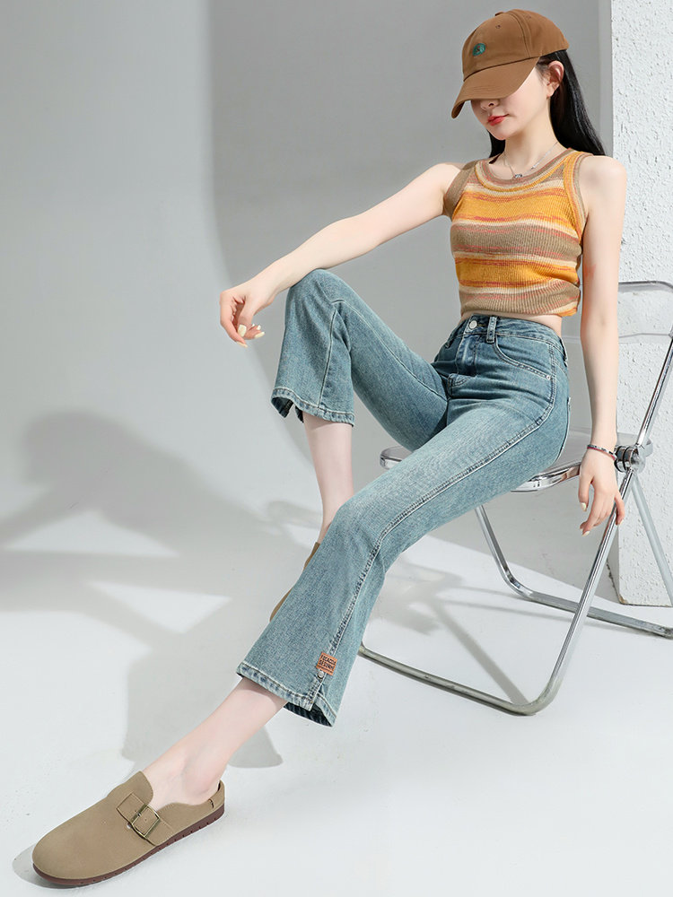 微喇牛仔裤女2026年新款时尚潮流小个子喇叭裤夏季修身高腰八分裤