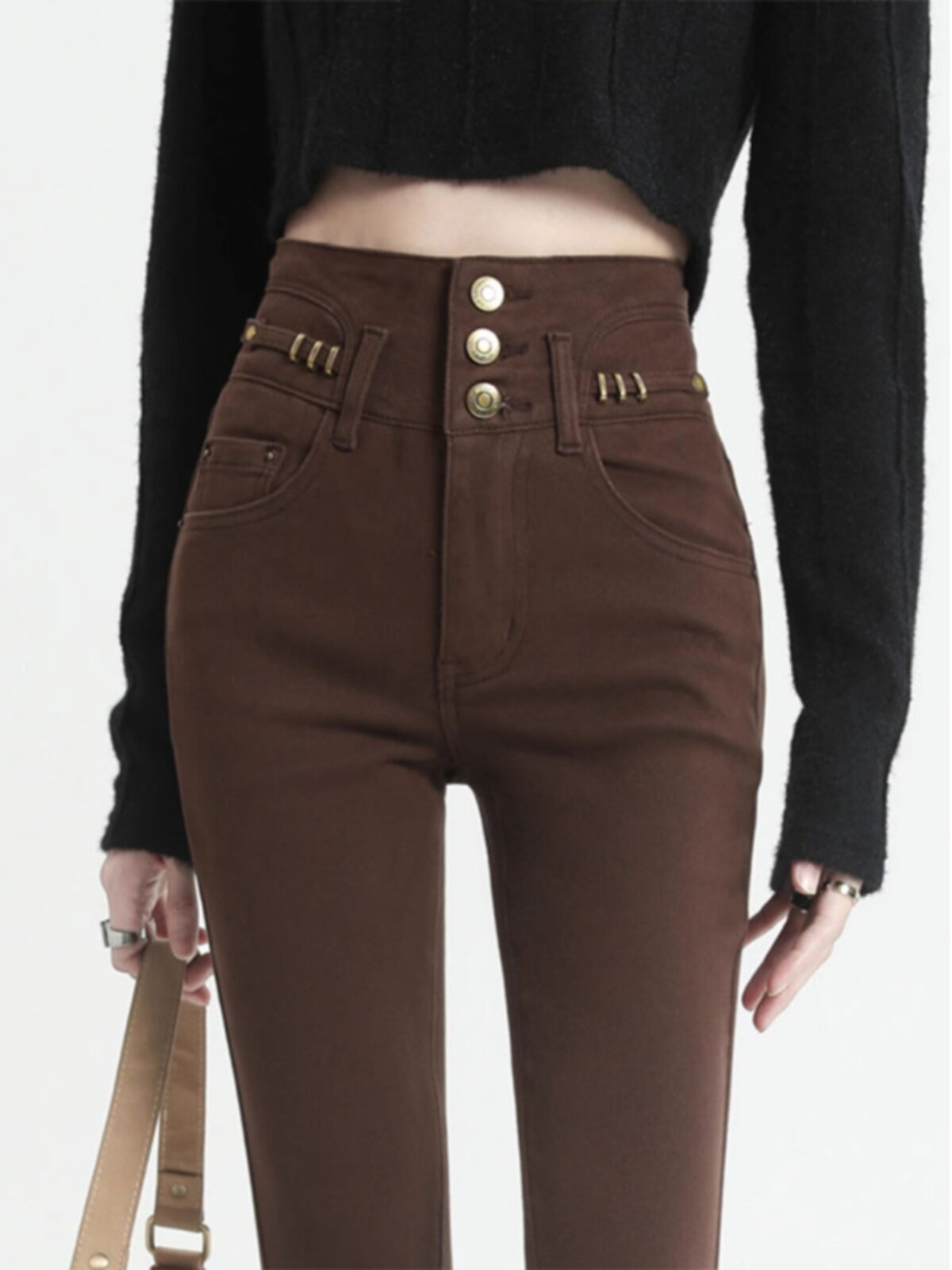 咖色高腰牛仔裤女秋冬美拉德穿搭紧身显瘦小脚铅笔裤加绒加厚靴裤