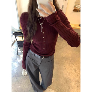 短款 女秋冬外穿感修身 内搭毛衣上衣1020r 感红色针织打底衫 法式