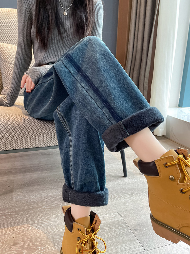 加绒加厚直筒牛仔裤女2025春秋新款高腰宽松休闲大码阔腿老爹裤子