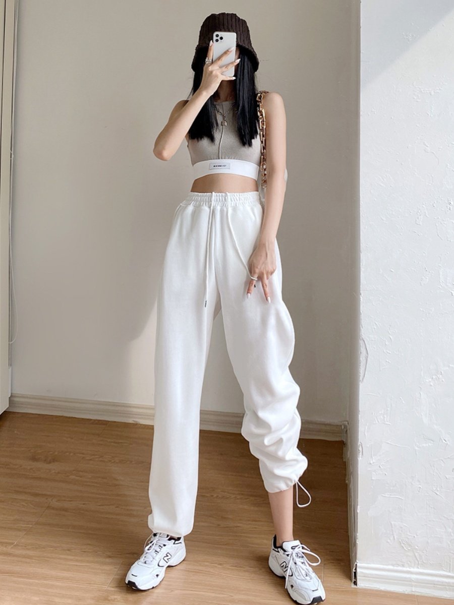 白色女士运动裤2025早秋新款高腰宽松休闲百搭拉绳阔腿后宫紧身运,女装/女士精品,休闲裤,淘宝优惠券,粉丝福利购,淘宝优惠卷