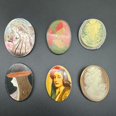 中古国外回流首饰 卡梅奥 贵妇人 贝雕 vintage胸针 贝壳拼接