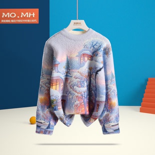 儿童冬日雪景水貂绒毛衣2025秋冬中大童加厚彩绘印花针织衫上衣