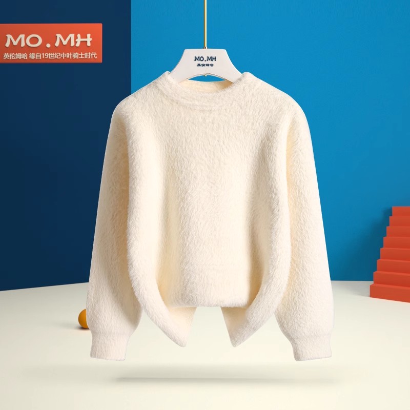 男童水貂绒毛衣白色圆领秋冬季