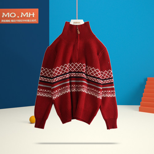 男童秋冬新款半拉链红色毛衣男孩