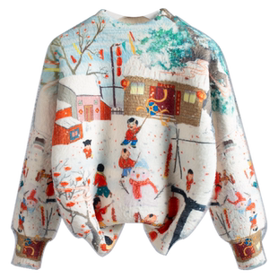 国风雪景氛围拜年服男童毛衣水貂绒上衣加厚儿童冬装男宝宝针织衫