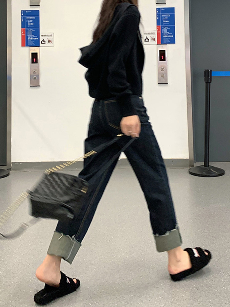 孕妇卷边直筒牛仔裤子九分春装外穿夏季薄款打底裤夏款阔腿裤长裤