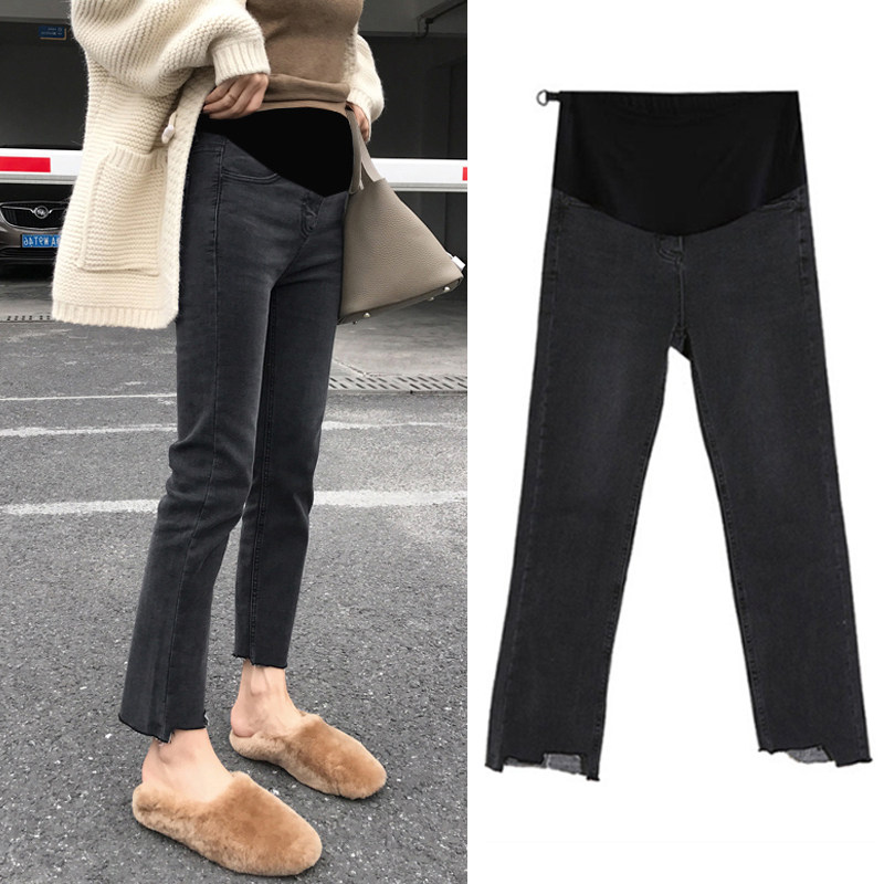 孕妇直筒牛仔裤子外穿春秋季2022新款九分烟灰烟管打底裤秋装长裤