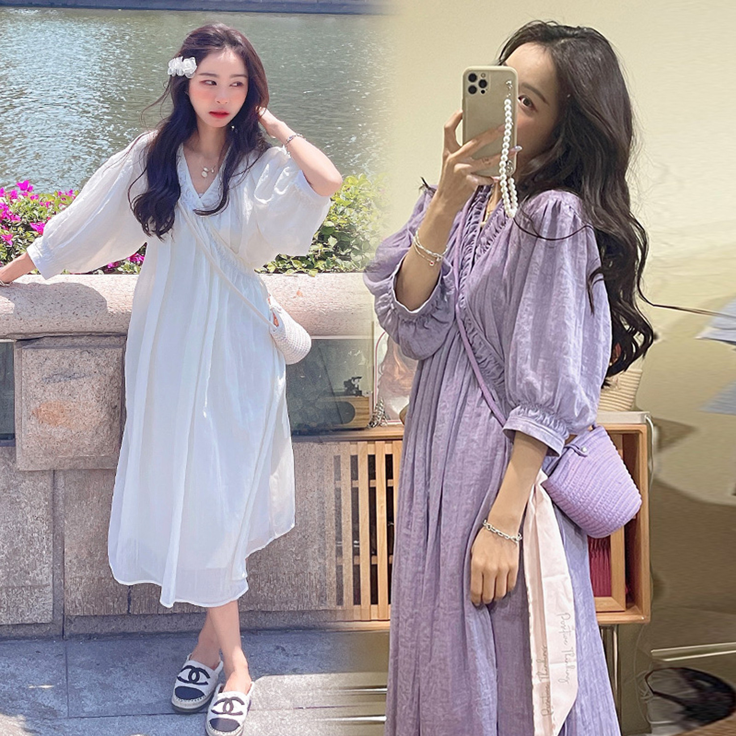 孕妇连衣裙春秋款时尚法式v领交叉宽松抽绳绑带泡泡袖长裙子春夏