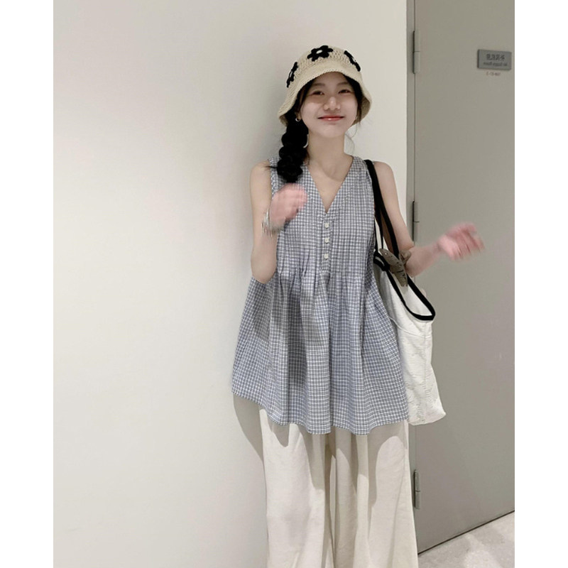 布衣妈咪孕妇V领格子背心上衣