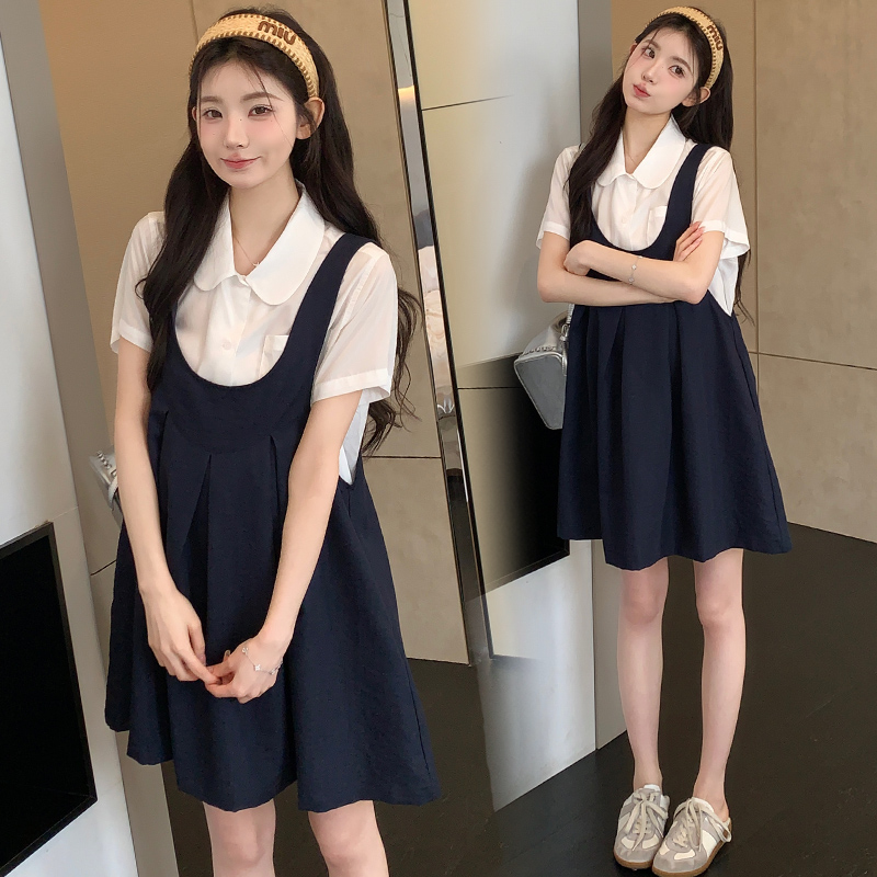 孕妇套装2025新款短袖打底衬衫上衣宽松显瘦背带连衣裙夏季两件套