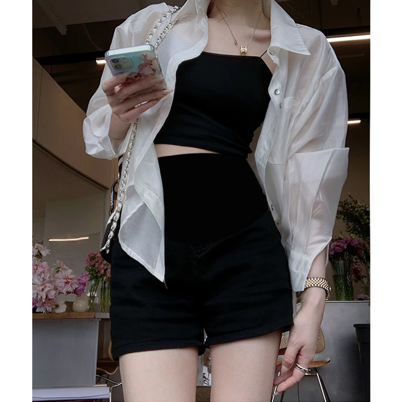 孕妇黑色紧身牛仔裤夏季美式辣妹裤子打底裤牛仔短裤外穿A字热裤