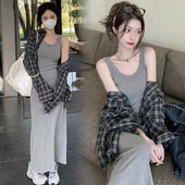 灰色吊带背心连衣裙格子衬衣两件套装 孕妇套装 韩版 2026新款 春夏季