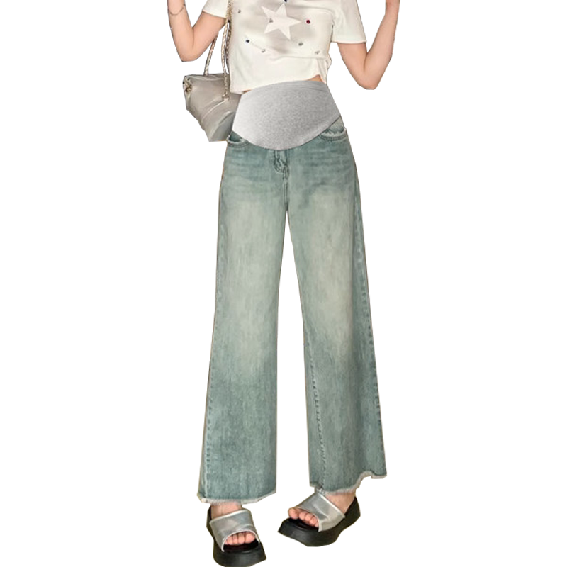 布衣妈咪浅蓝毛边孕妇阔腿牛仔裤