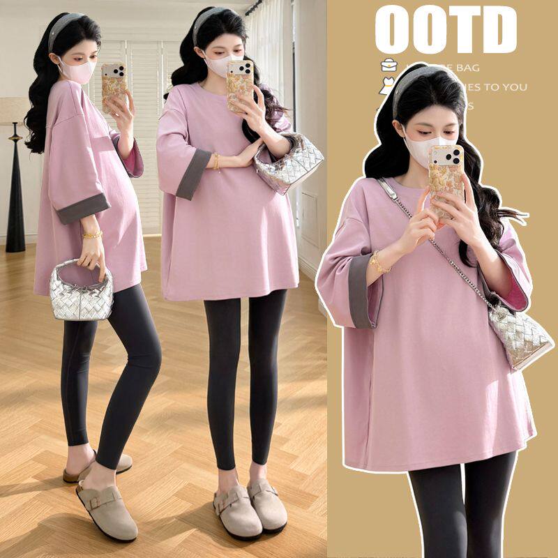 孕妇装春装上衣女2026新款宽松大码中长款圆领撞色七分袖T恤春夏