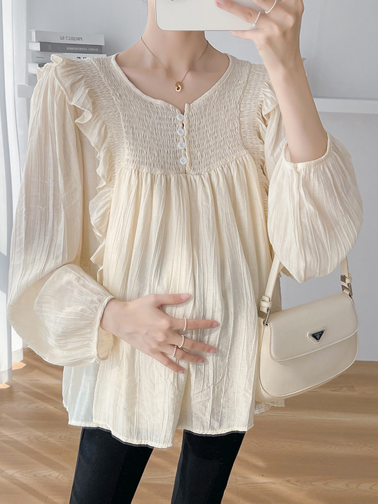 임산부 봄 여름 스타일 셔츠 주름 셔츠 귀걸이 V 넥 긴팔 느슨한 시폰 BABYDOLL 탑