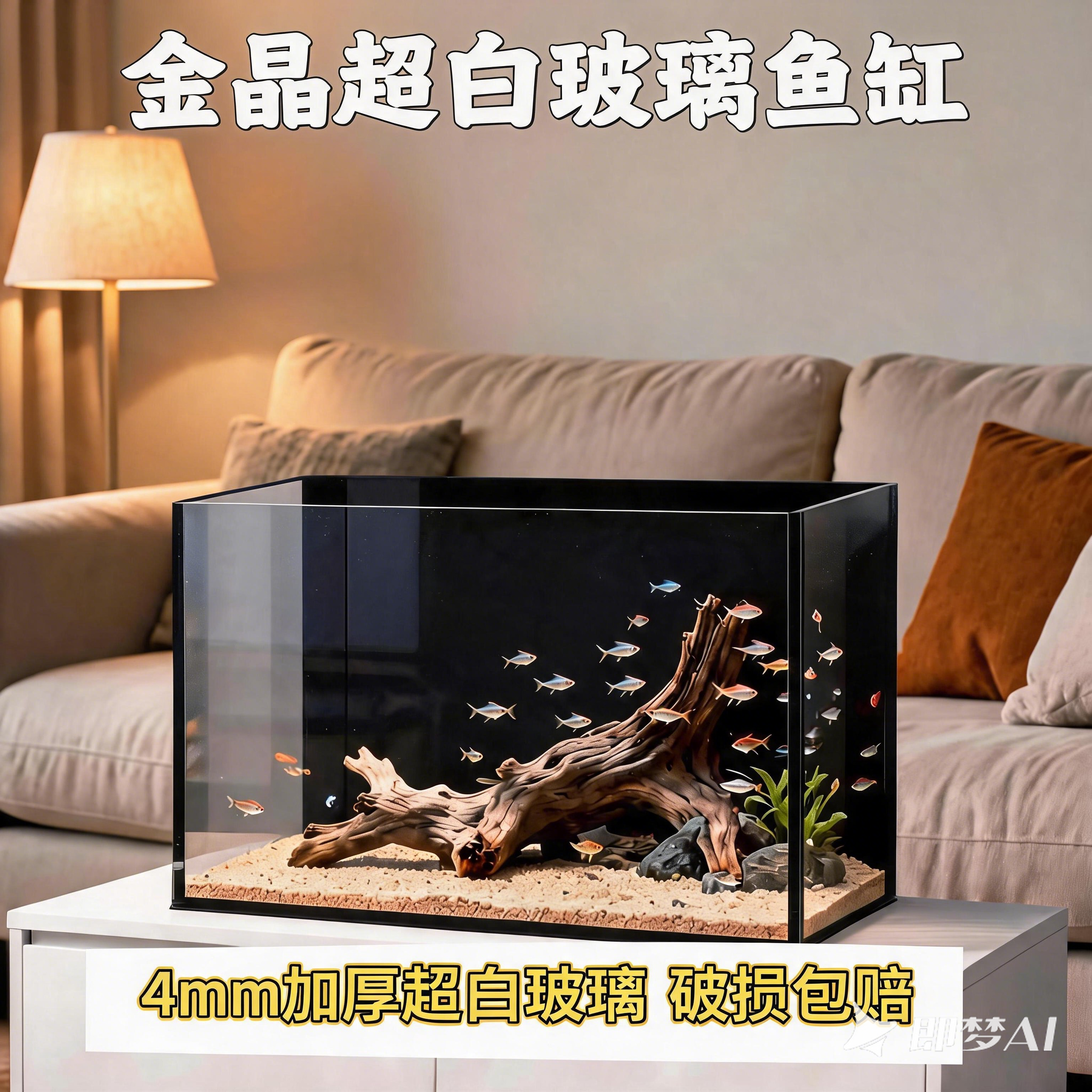 金晶超白黑背玻璃鱼缸家用桌面生态造景金鱼斗鱼草缸淡水鱼类鱼缸