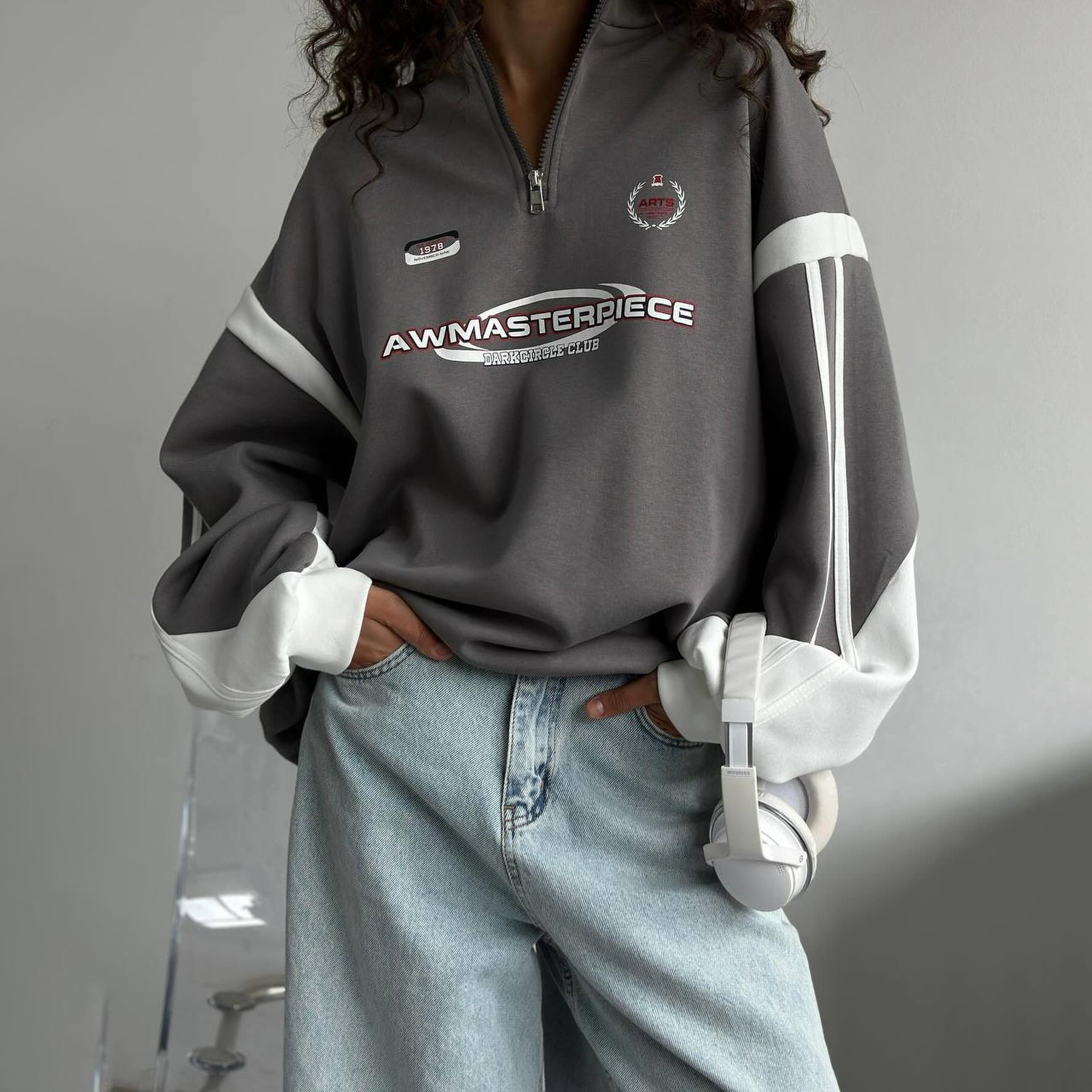 美式复古半拉链立领外套潮牌街头