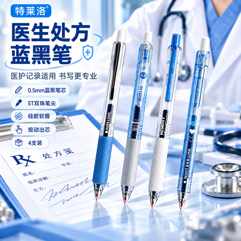 医护专用处方笔蓝黑色按动中性笔 0.5ST尖速干白衣天使签字墨蓝笔