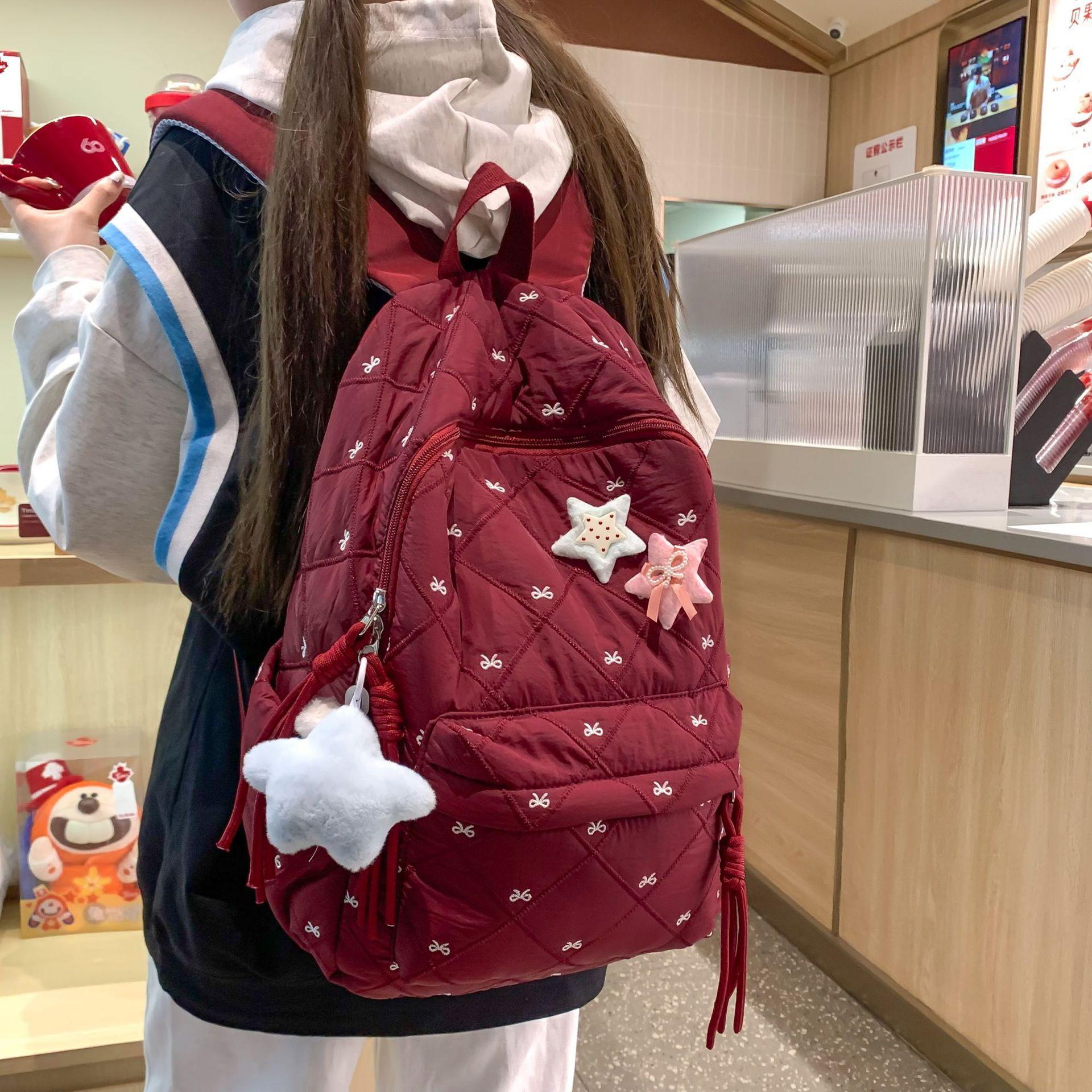 书包ins日韩小众初中生高颜值秋冬棉服双肩包蝴蝶结可爱刺绣背包
