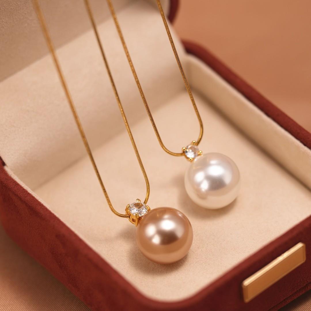 钛钢仿珍珠项链 法式单颗珍珠吊坠钛钢项链简约蛇骨链ins锁骨链女