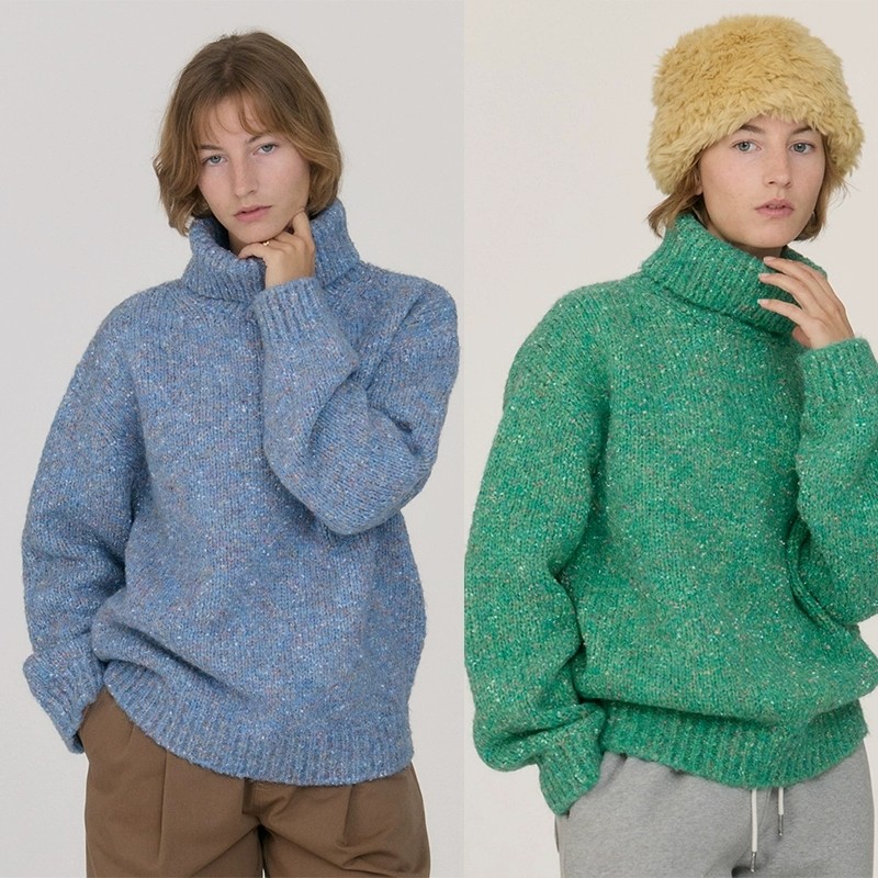 GOOD STORE2025秋冬韩国东大门新款蓝绿艺术拼色高领针织衫毛衣女