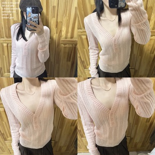 韩系甜美粉色V领长袖 leek 针织衫 女秋季 显瘦上衣 修身 Wild