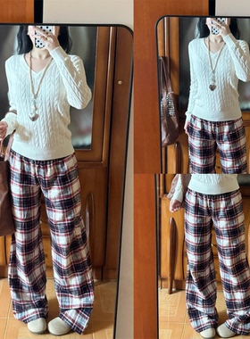 【audwyn~】红色格纹长裤低腰复古秋冬松弛感磨毛居家休闲拖地裤