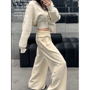 松弛感阔腿运动软糯卫裤 韩系老钱风米色直筒休闲裤 alo平替