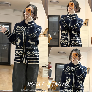 【一方二集~】复古费尔岛撞色针织开衫毛衣外套女秋冬慵懒风上衣