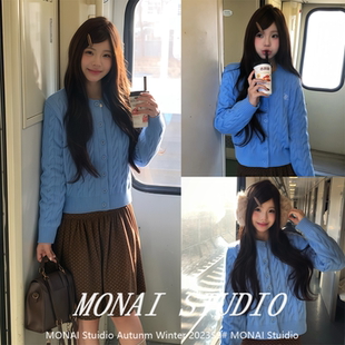 【原野空间~】蓝色麻花毛衣外套女秋冬圆领针织开衫休闲百搭上衣