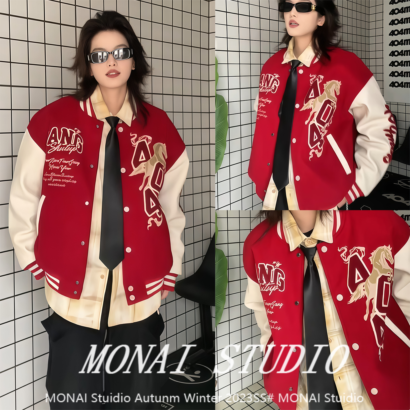 【404MOB~】马年2026新款夹棉加厚刺绣红色棒球服女美式宽松外套