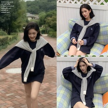 【insliisa】格纹拼接藏青卫衣套装女秋季新款上衣短裙韩系两件套