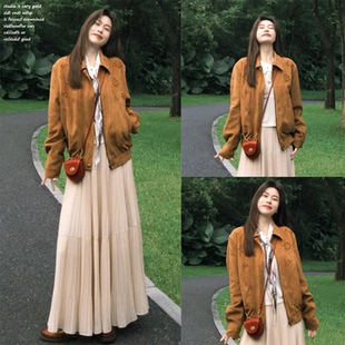 【谢不肉~】棕色镂空麂皮长袖外套女秋季复古宽松美拉德拉链上衣