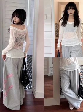 【CGGA~】慵懒风字母印花阔腿休闲裤女宽松垂感直筒A字百搭长裤子