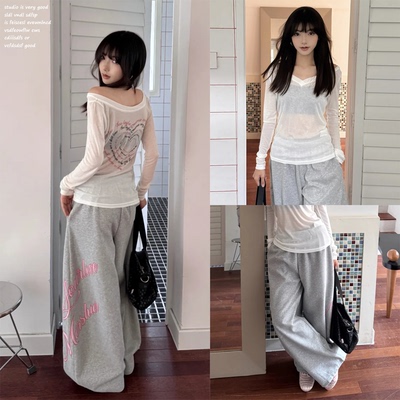 【URKR~】字母印花阔腿休闲裤女