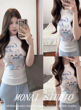 【Cream Kitten~】奇喵乐园蝴蝶结小猫咪短袖T恤女夏针织正肩上衣