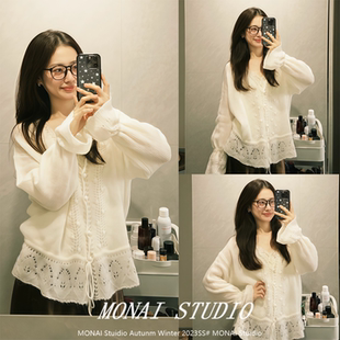 【Thewangs studio~】韩系钩花镂空毛衣外套抽绳V领针织开衫上衣