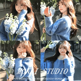 【THEROUS谢不肉~】慵懒感两件套碎花打底蓝色毛衣氛围感秋冬套装