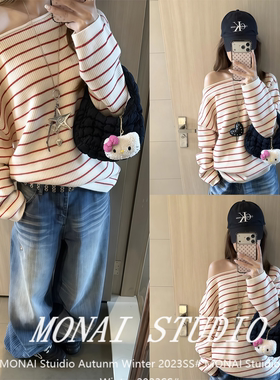 【圈圈cooky～】红白条纹针织衫女春季韩版宽松百搭斜肩长袖上衣