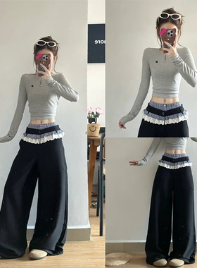 【Amweird~】蕾丝花边拼接阔腿裤女假两件直筒西装裤格子拖地长裤