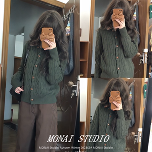 【宋正恩宋小恩~】橄榄绿格子针织毛衣开衫女秋冬假两件翻领上衣