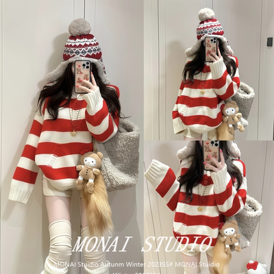 【8uioio~】条纹粗针翻领毛衣女