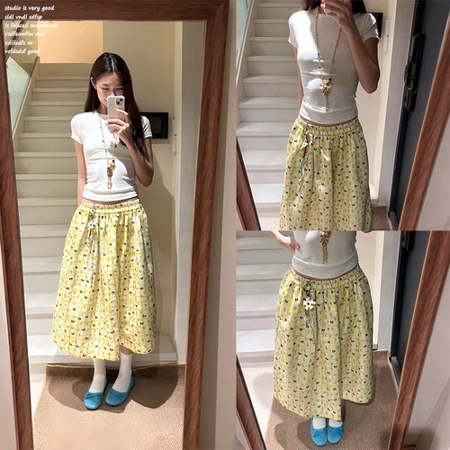 【XALWORCLO】黄色碎花半身裙女