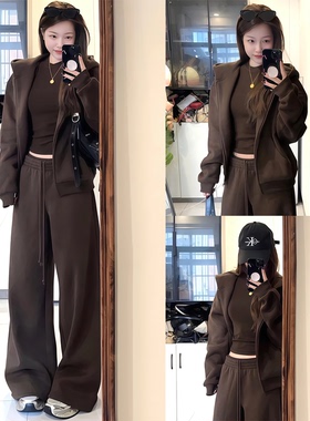 【SKK store~】棕色宽松卫衣外套上衣女百搭低腰休闲裤巴恩风套装
