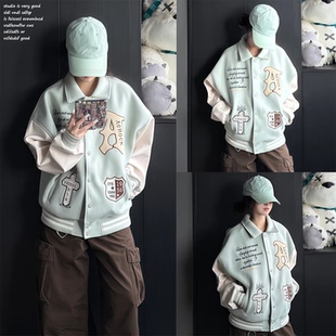 【Achock~】美式复古十字架棒球服重磅字母毛巾绣外套夹克女秋冬