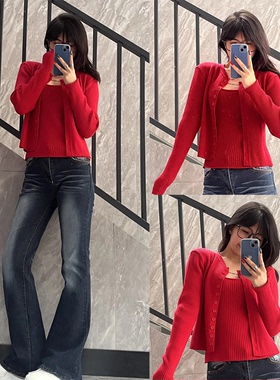 【e7q8~】红色针织开衫女秋冬季两件套修身短款外套纯欲辣妹上衣