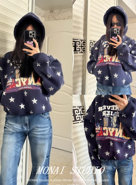 【whenever~】美式复古星星字母印花连帽卫衣女秋冬加绒加厚外套